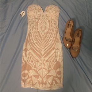 White and nude sequenced mini dress